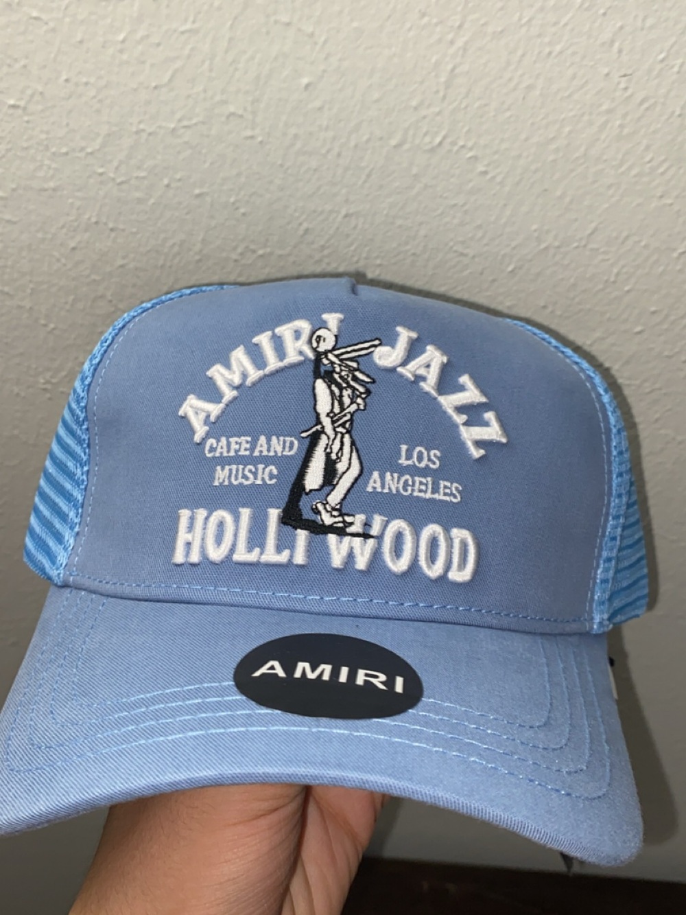 AMIRI Light Blue Hollywood Mesh Cap with White Embroidery